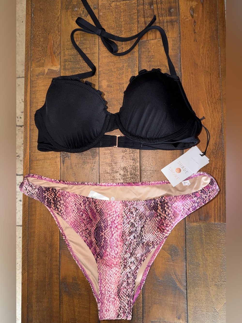 Shade & Shore Black Halter Top with Pink Snake-Print Bikini Bottom